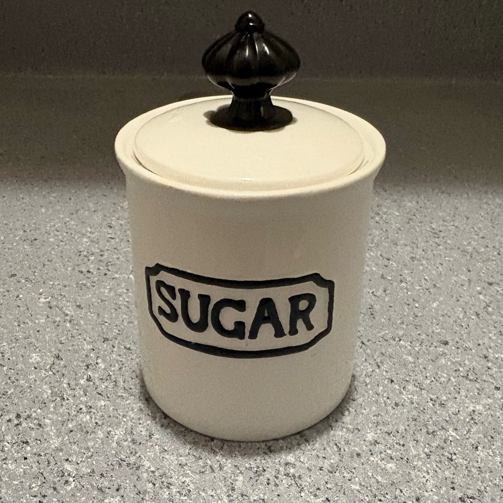 Ceramic Sugar Canister w/ Lid Farmhouse Kitchen Decor Cream Black Knob